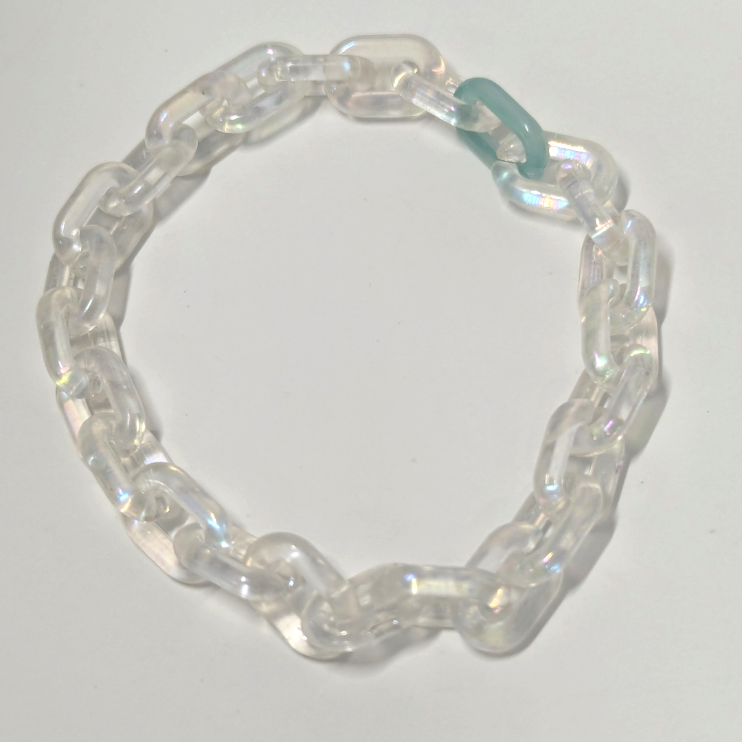 Iridescent Chain Link Bracelet – Clear with Teal Accent (Recycled Acrylic)