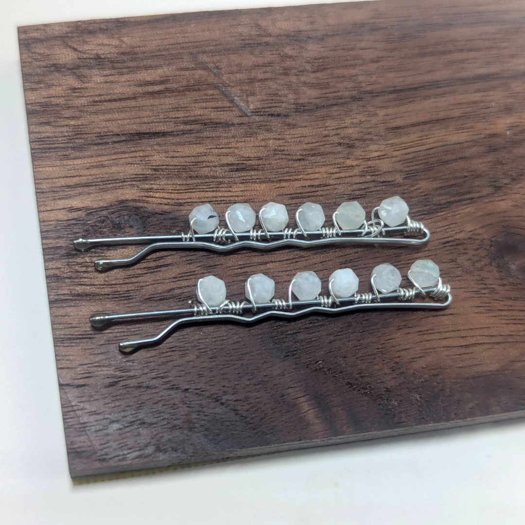 Moonstone Gemstone Bobby Pins – Wire Wrapped 2" Hair Pins (Set of 2)