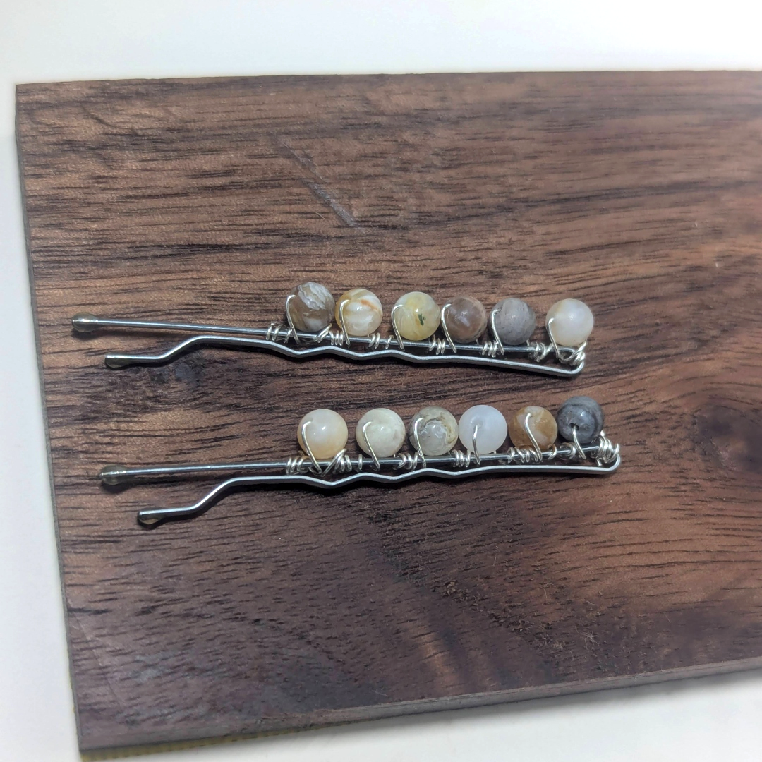 Indian Agate Gemstone Bobby Pins – Wire Wrapped 2" Hair Pins (Set of 2)