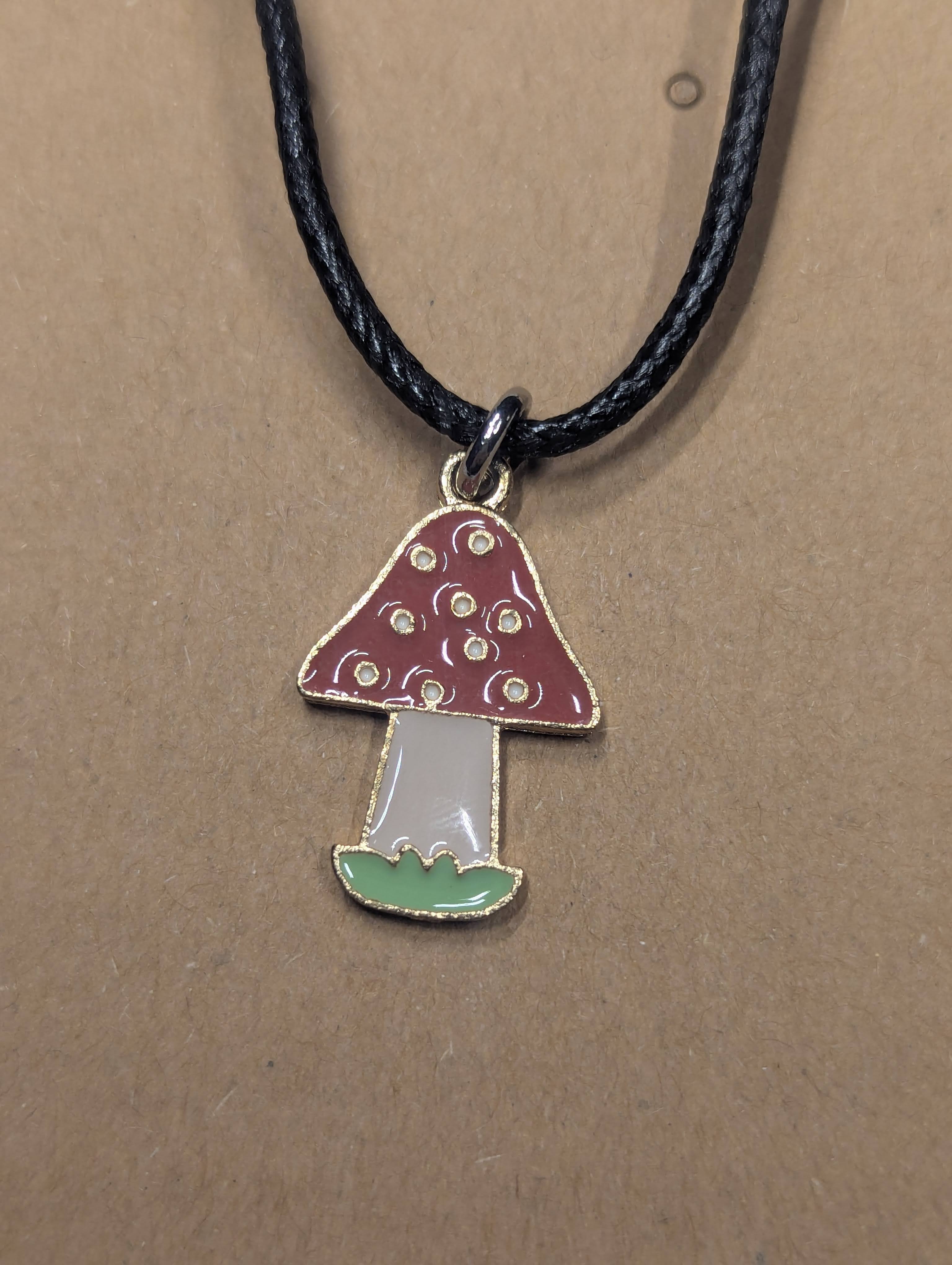 Enchanted Toadstool Mushroom Necklace on Leather Cord