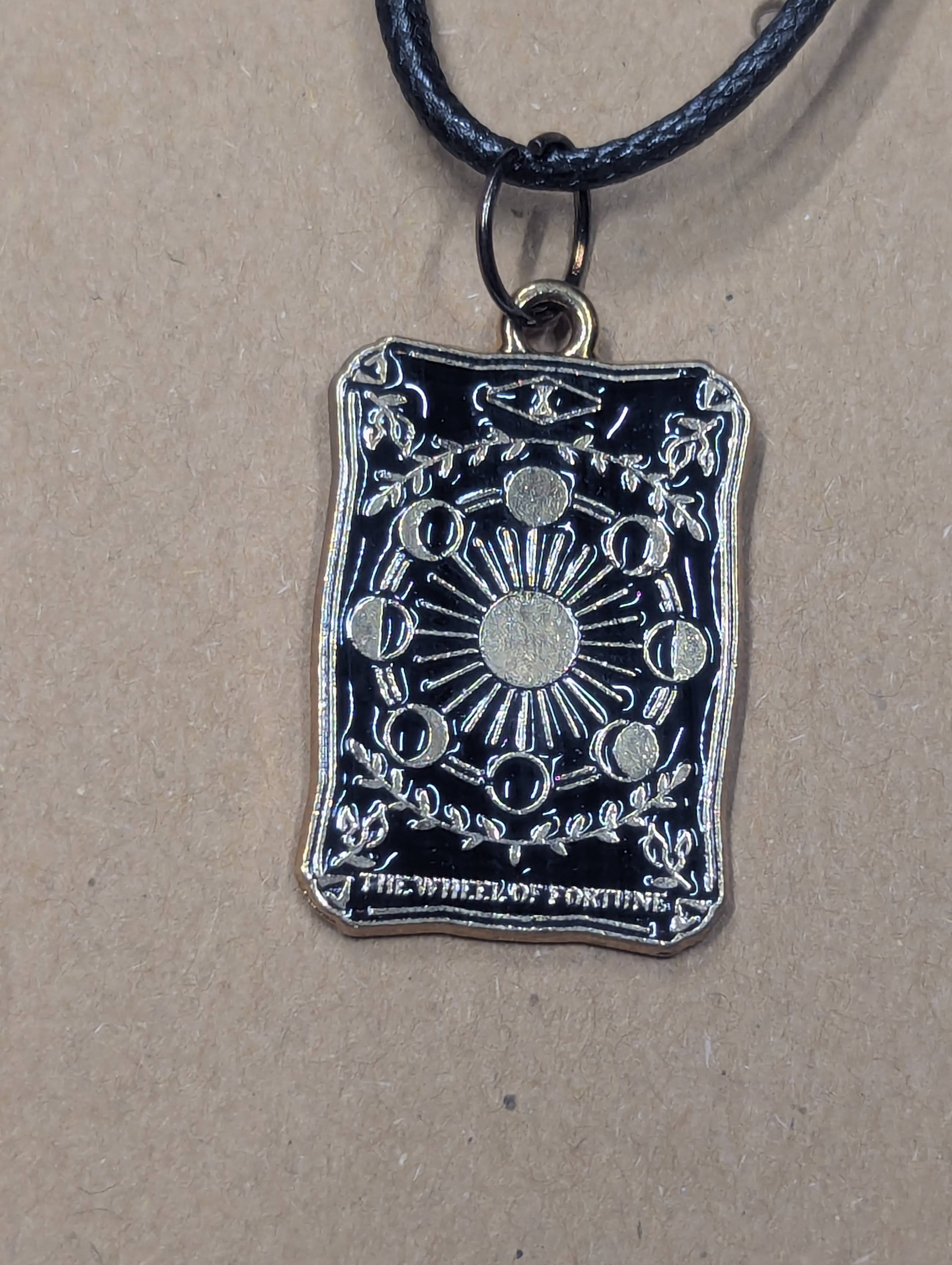 “Wheel of Fortune” Tarot Card Necklace on Leather Cord