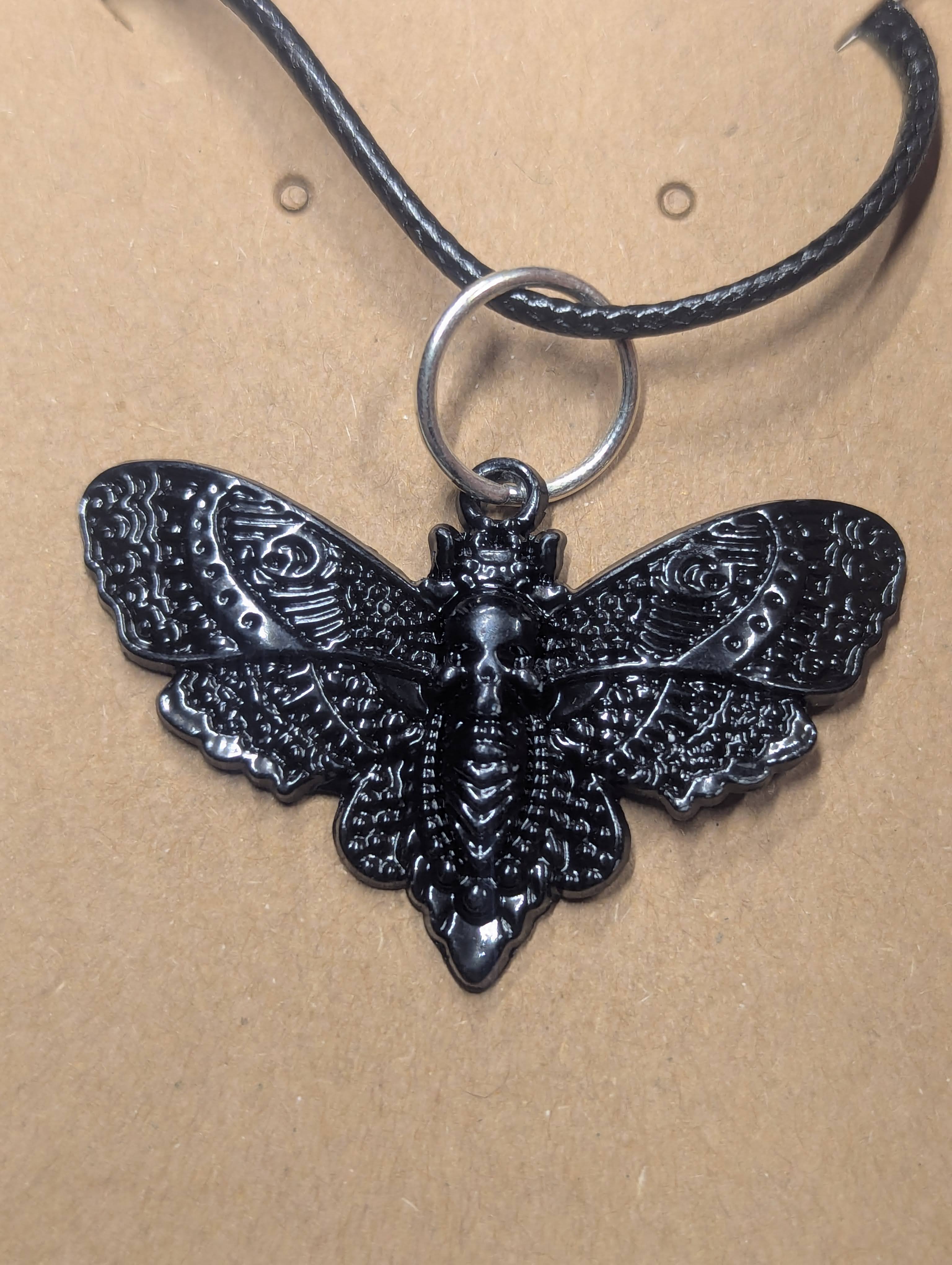 Black Death’s‑Head Moth Necklace on Leather Cord