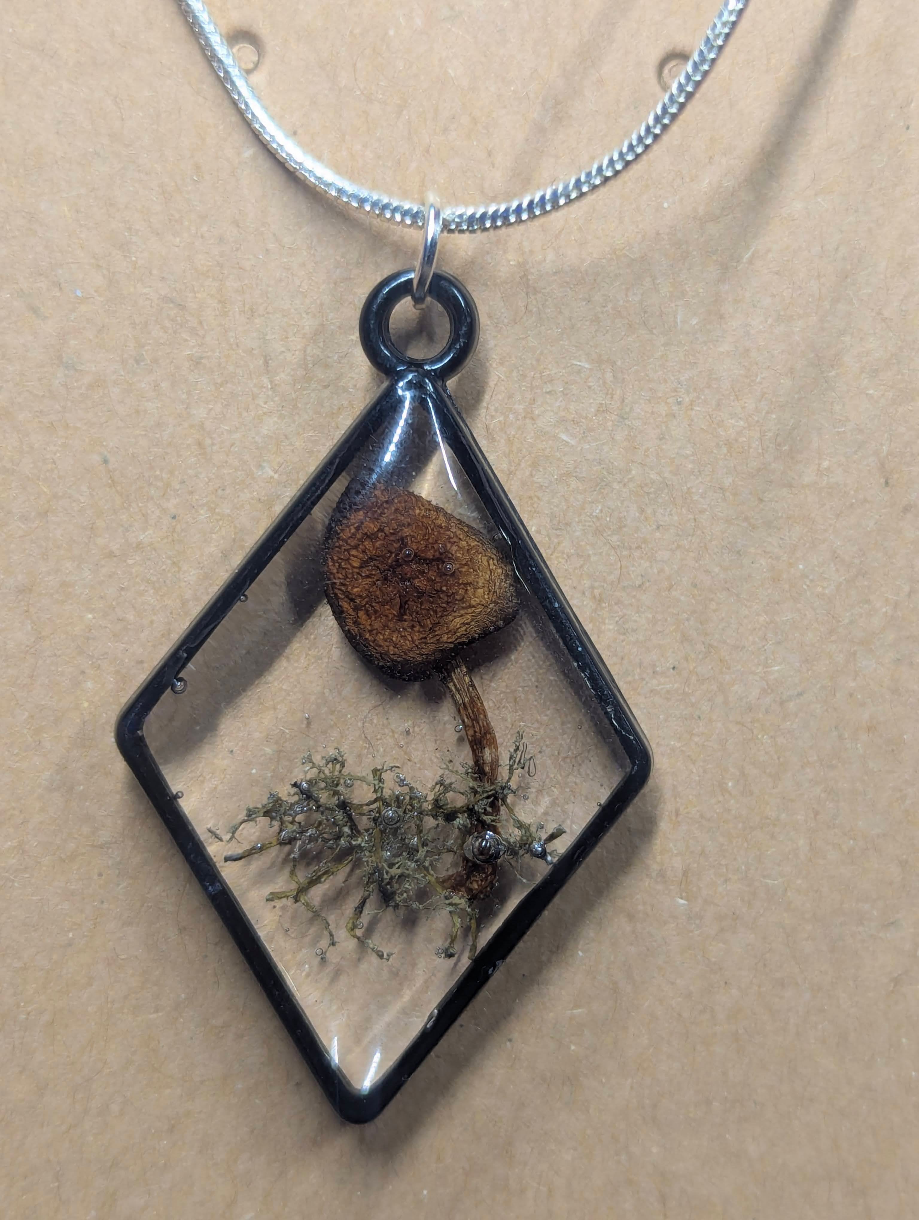 Tiny Forest Floor Mushroom Terrarium Necklace on Stainless Chain
