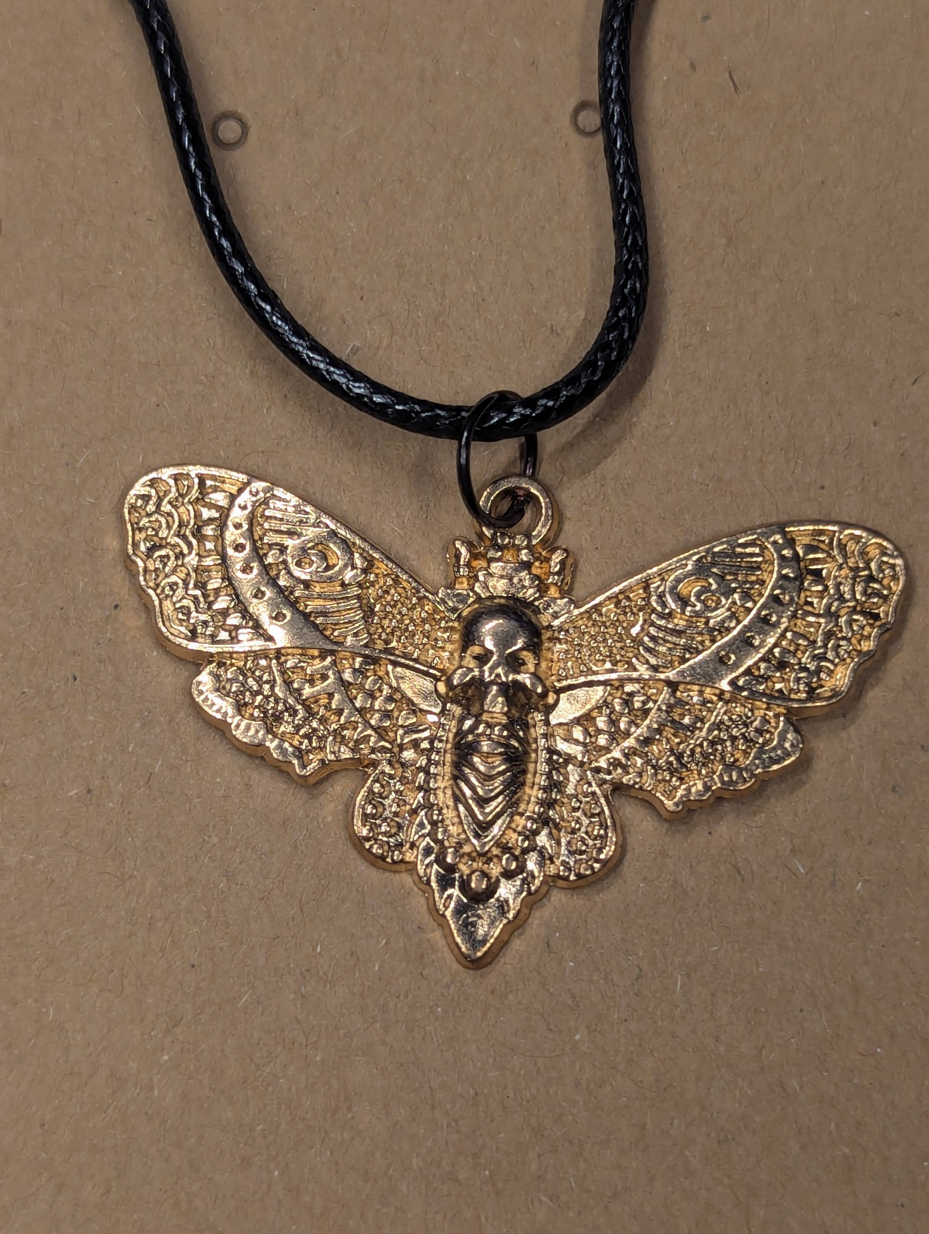 Golden Death’s‑Head Moth Necklace on Leather Cord
