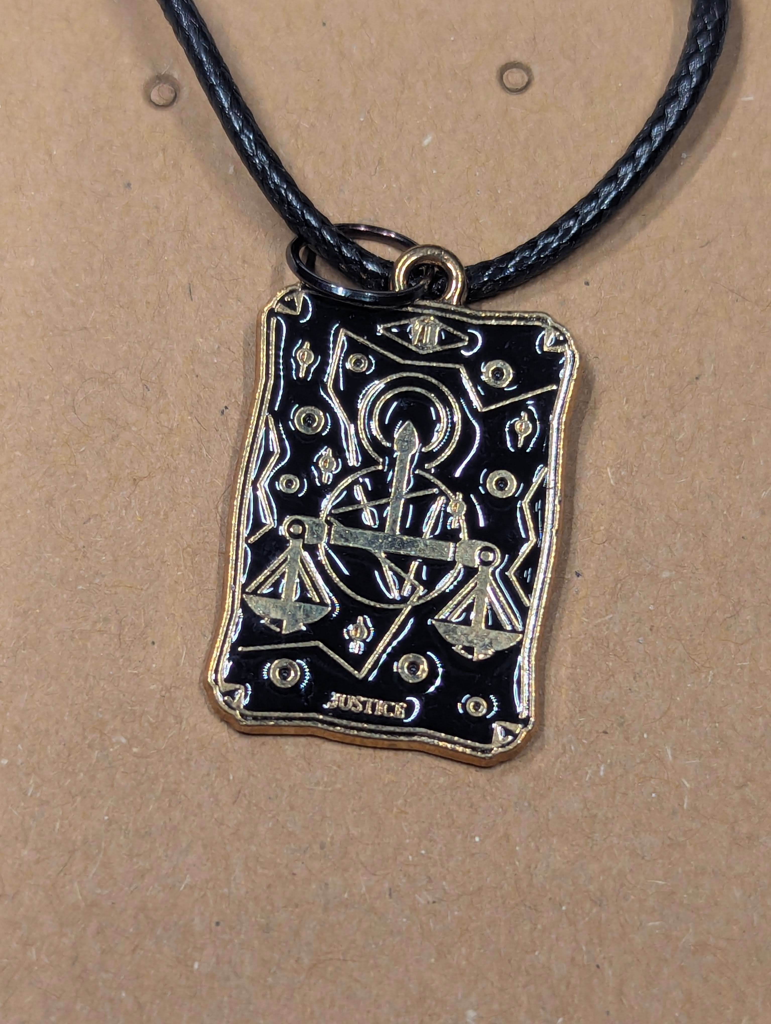 “Justice” Tarot Card Necklace on Leather Cord